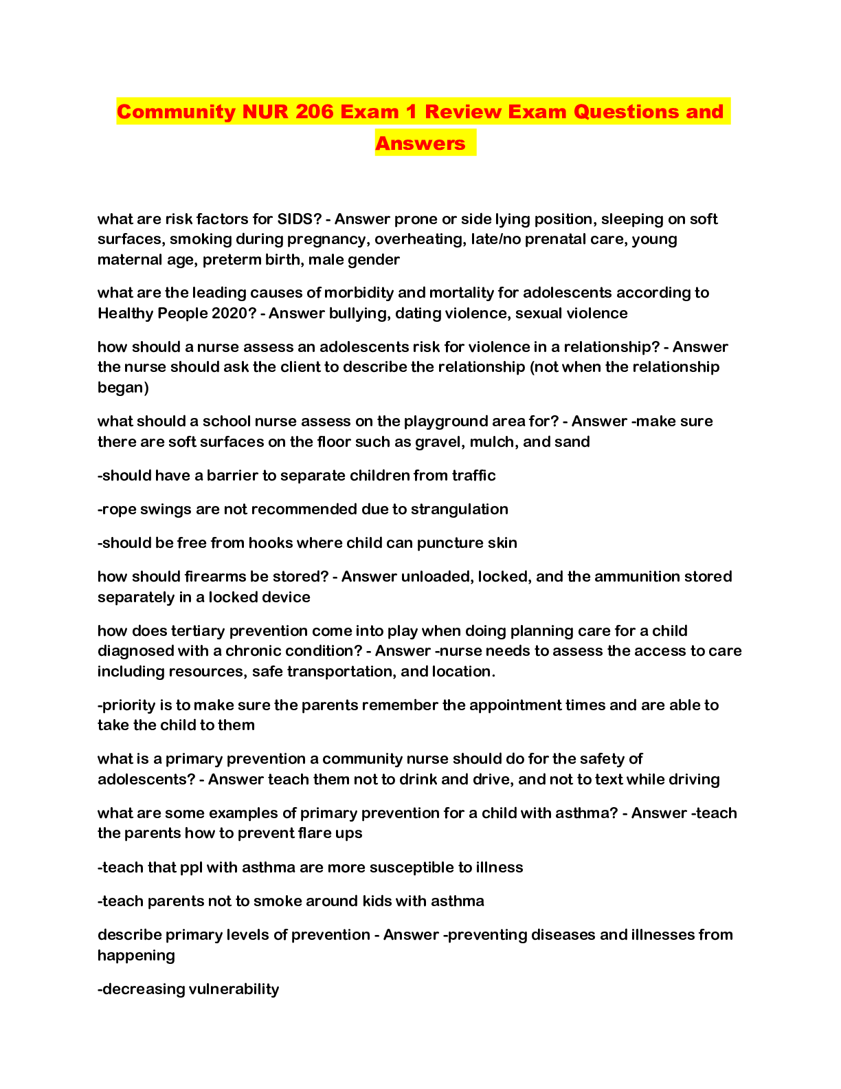 Preview image for Community NUR 206 Exam 1 Review Exam Questions and Answers